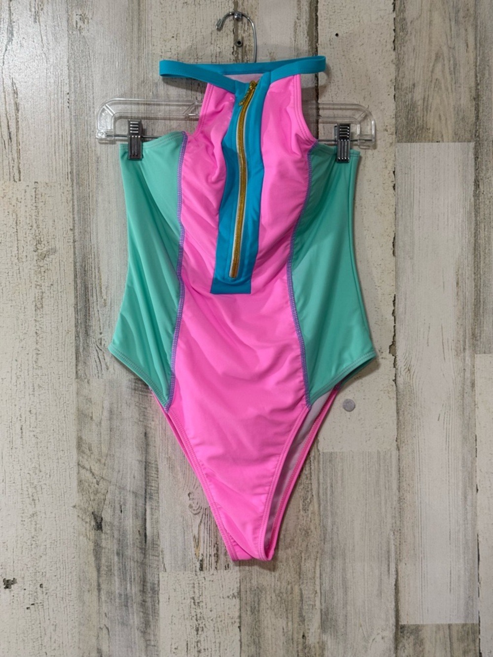 Colorblock High-Cut One-Piece Swimsuit in Pink & Mint